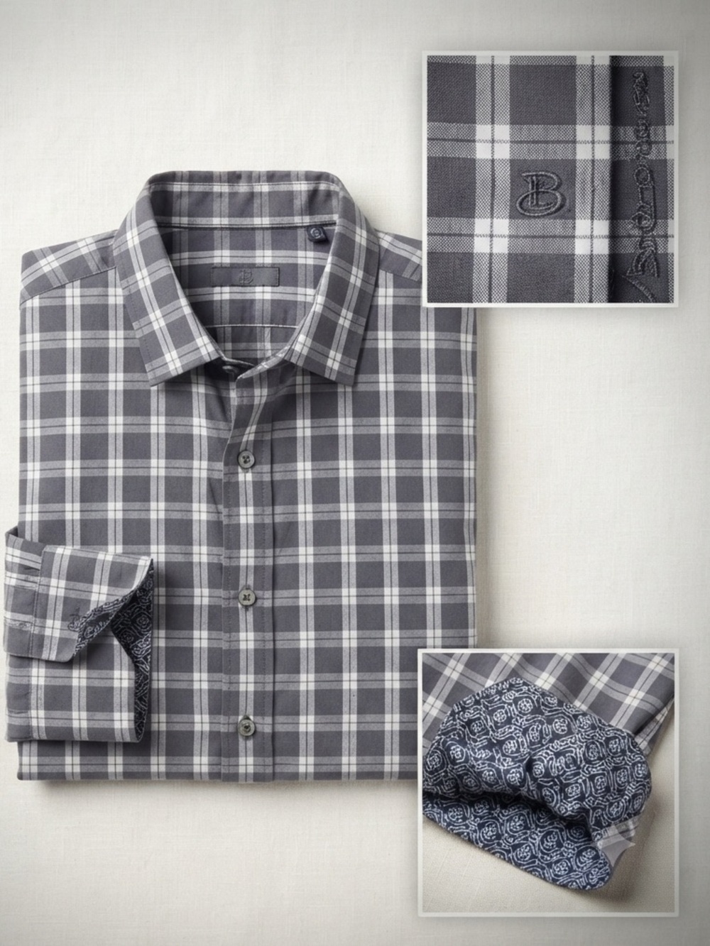 Bugatchi Shaped Fit Grey & White Plaid Long Sleeve Button Down Shirt